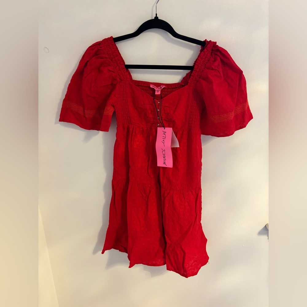 Betsey Johnson Hook Front Embroidered  Cotton Tiered Mini Dress - Picture 5 of 10